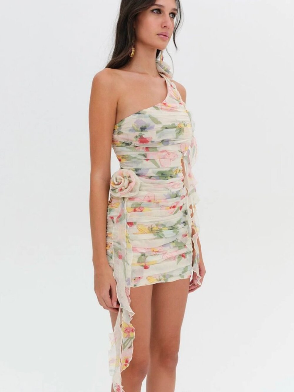 For Love & Lemons Abby One Shoulder Floral Ruched Chiffon Mini Dress M NWT - Picture 3 of 9